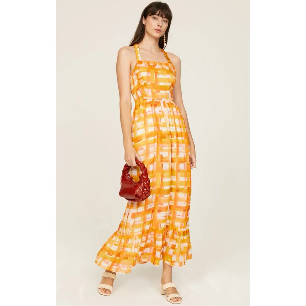 Marie Oliver Prima Yellow Plaid Maxi Dress Golden Madras Linen Silk L NWT $428